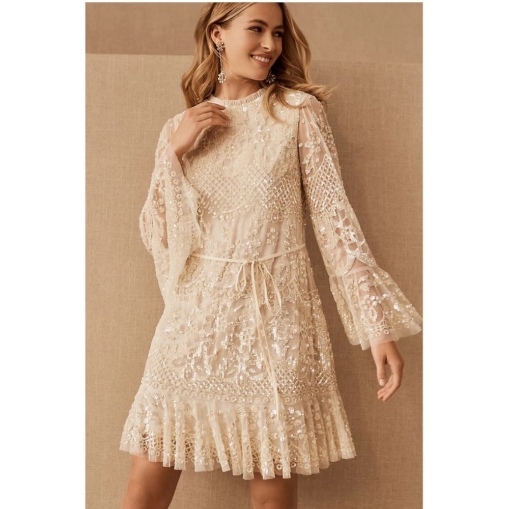 NWT Needle & Thread Snowdrop Mini Dress Sequin Embellished Ivory Cream Bridal 14
